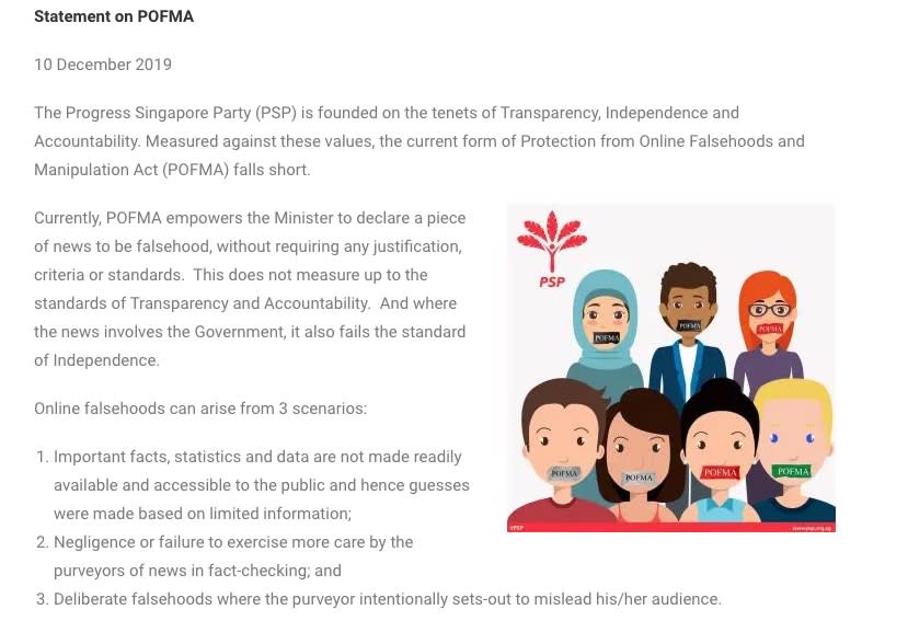 Screenshot of Progress Singapore Party statement on POFMA. (SOURCE: PSP)