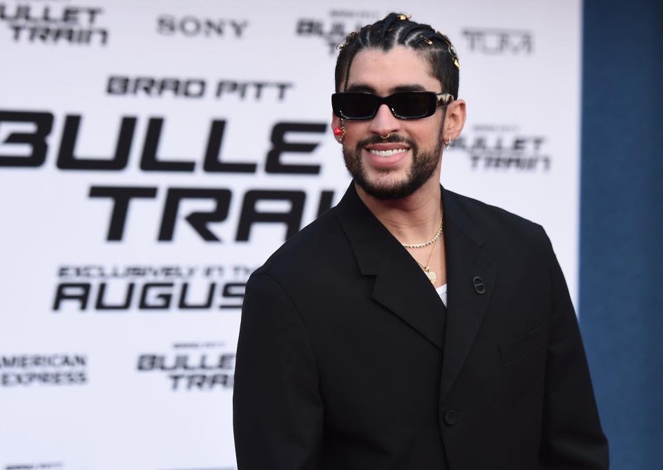 Benito Antonio Martínez Ocasio, also known as Bad Bunny, arrives at the premiere of "Bullet Train" on Monday, Aug. 1, 2022, at the Regency Village Theatre in Los Angeles. (Photo by Jordan Strauss/Invision/AP) ORG XMIT: CAPM140