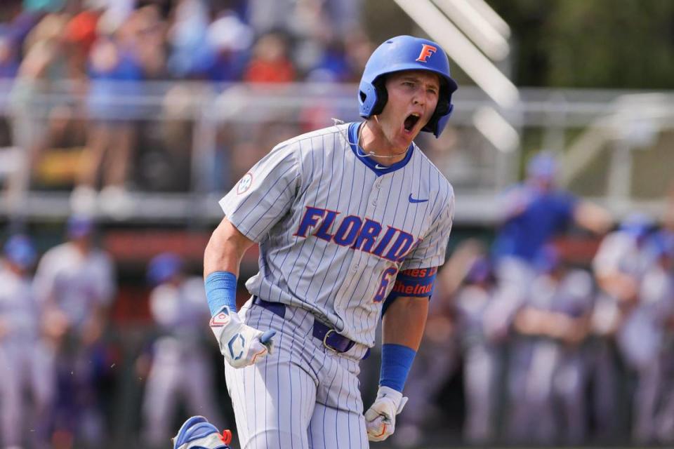 Florida Gators left fielder Tyler Shelnut (6) circles the bases after hitting a home run against the Miami Hurricanes during the fourth inning at Alex Rodriguez Park at Mark Light Field in Coral Gables, Florida, Sunday, March 3, 2024.