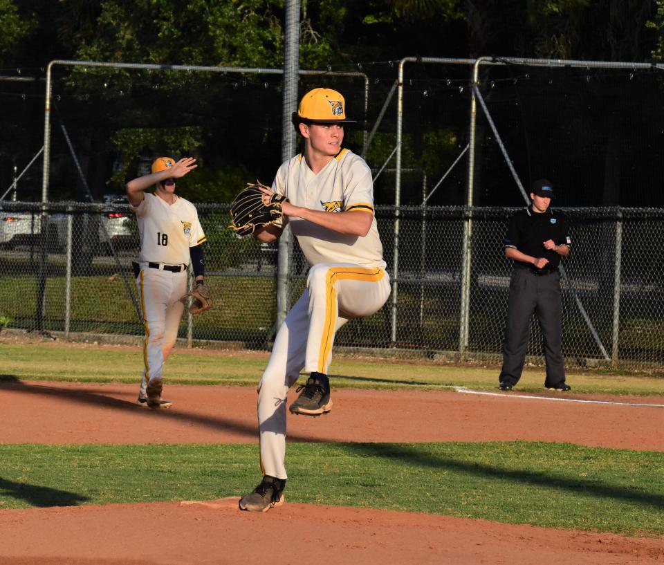 Boca Raton pitcher Kaden Bartlett throws from the mound during the third inning of the Bobcats' regular season game against Suncoast on April 23, 2024.