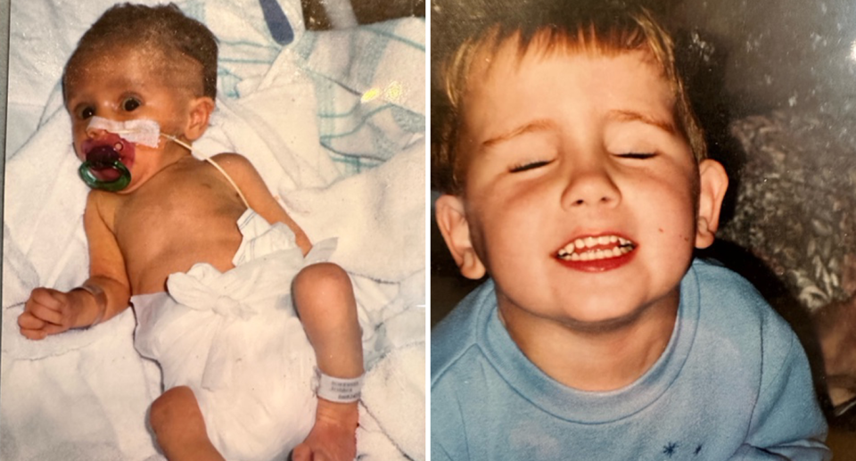 Josh as a baby in hospital and Josh as a young boy.