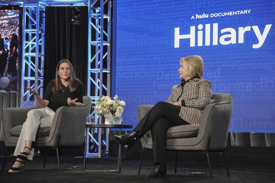 Nanette Burstein, left, and Hillary Clinton participate in the Hulu "Hillary" panel during the Winter 2020 Television Critics Association Press Tour, on Friday, Jan. 17, 2020, in Pasadena, Calif. (Photo by Richard Shotwell/Invision/AP)