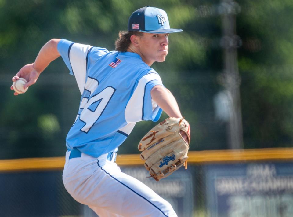 North Penn's Trevor Lugara makes his pitch during a District One playoff game in May 2023.