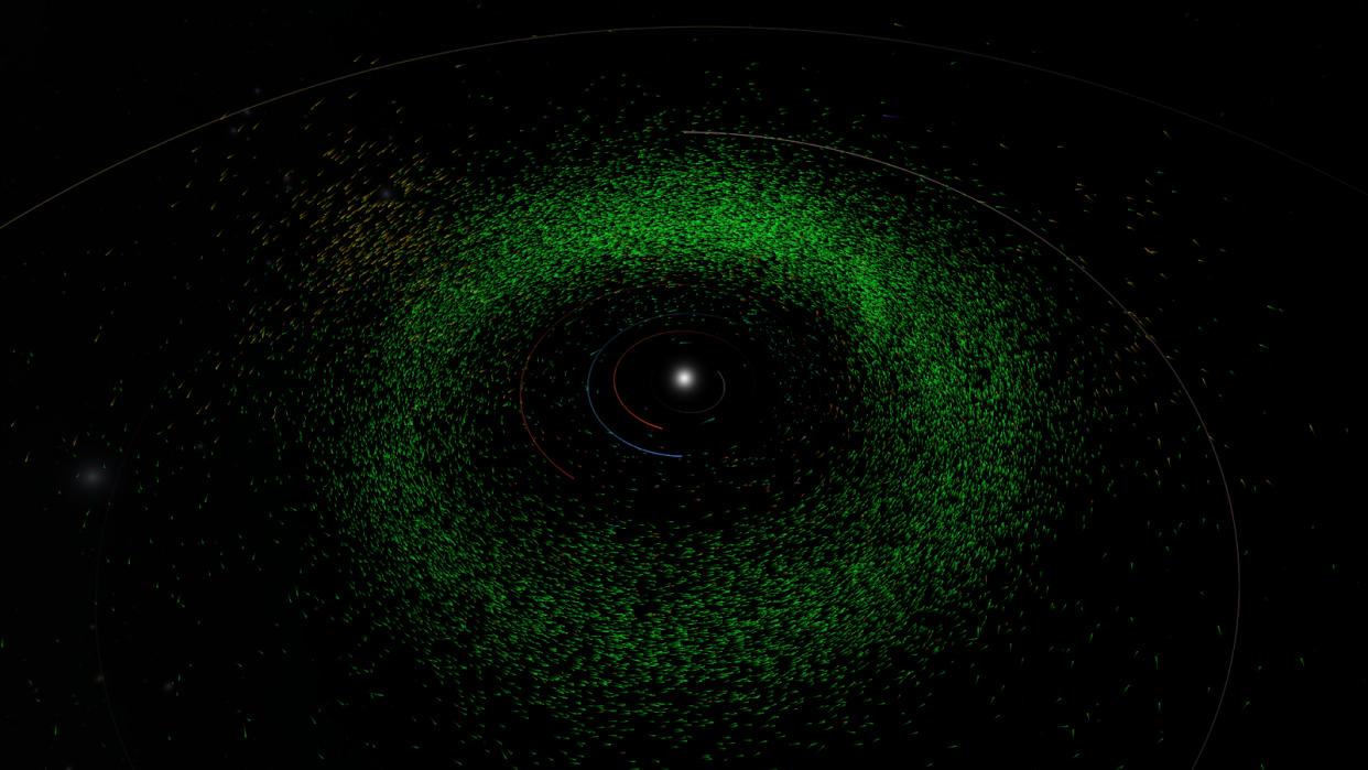  A bright dot in the center is orbited on all sides by innumerous small green points among black space. 