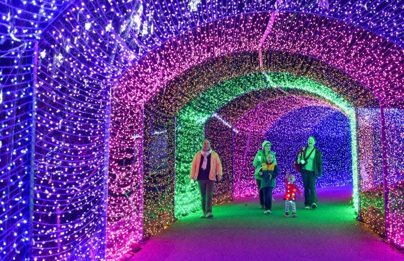 Visitors to the State Botanical Garden walk through a wall of lights during the 2022 display.