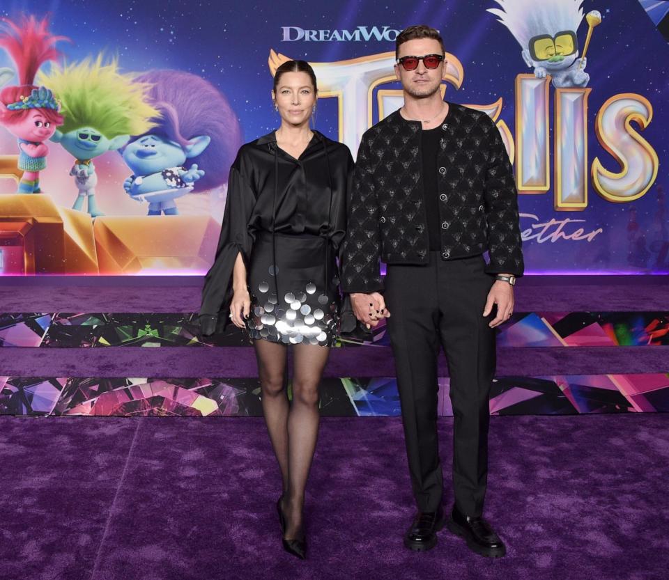 PHOTO: Jessica Biel and Justin Timberlake attend a special screening of Universal Pictures' 'Trolls: Band Together' at TCL Chinese Theatre, Nov. 15, 2023, in Hollywood, Calif.  (Gregg DeGuire/FilmMagic via Getty Images)