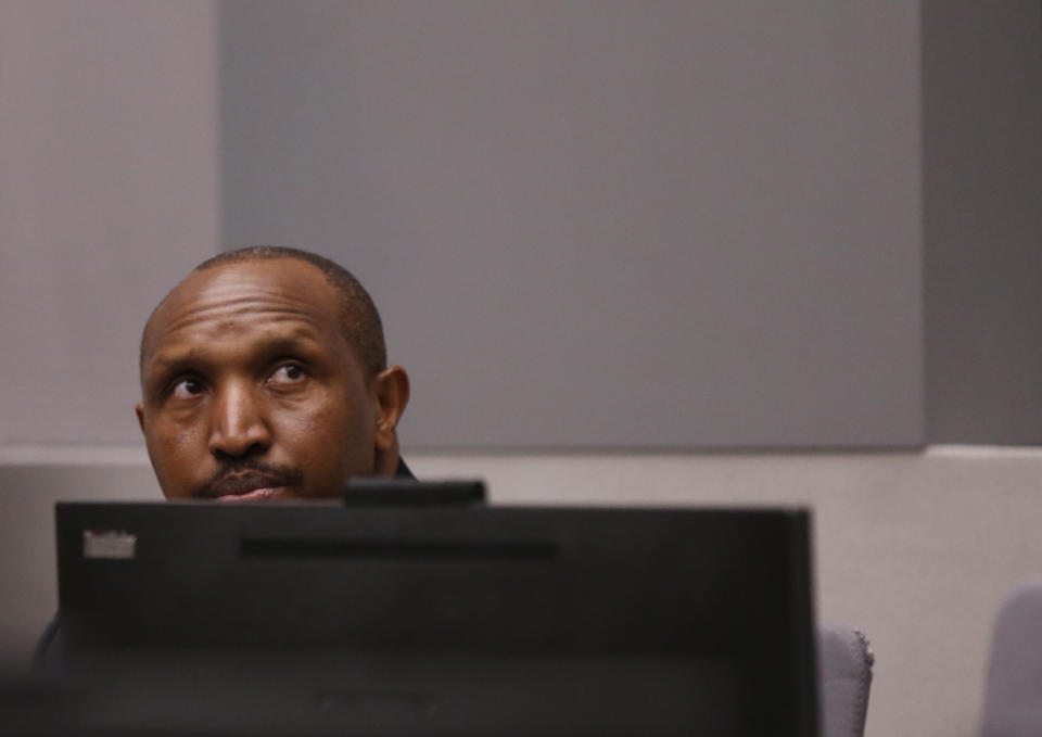 Congolese militia commander Bosco Ntaganda sits in the courtroom of the ICC (International Criminal Court) during his trial at the Hague in the Netherlands, Monday July 8, 2019. The ICC is expected to pass judgement Monday on Ntaganda, accused of overseeing the slaughter of civilians by his soldiers in the Democratic Republic of Congo in 2002 and 2003. (Eva Plevier/Pool via AP)