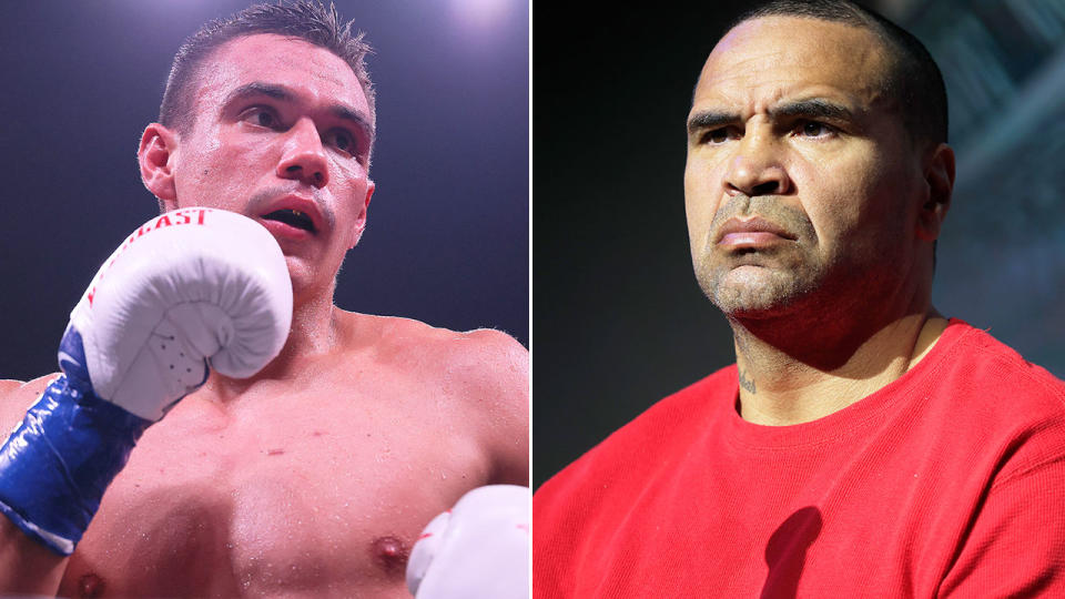 Anthony Mundine is pictured right alongside a photo of Aussie boxer Tim Tszyu during his fight against Terrell Gausha.