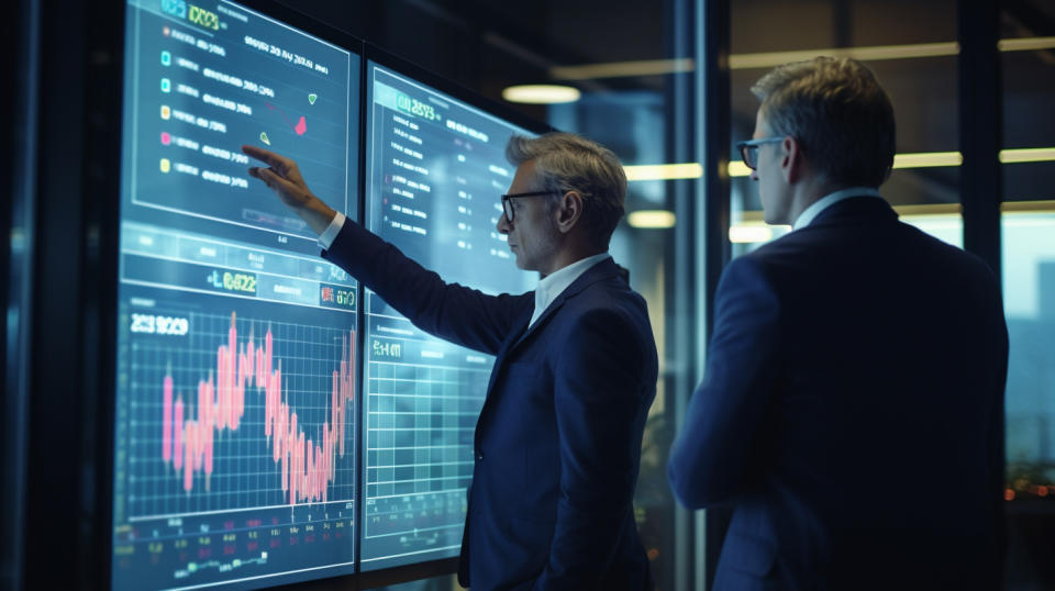 A consultant talking to their client and presenting data on a digital screen.