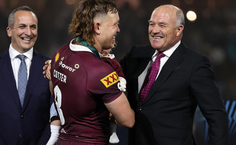 Reuben Cotter with Wally Lewis after the 2023 State of Origin series.