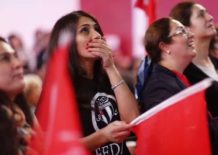 People of the Turkish community living in Germany react after first news bulletins on the outcome of Turkey's referendum on the constitution in Berlin, Germany, April 16, 2017. REUTERS/Hannibal Hanschke