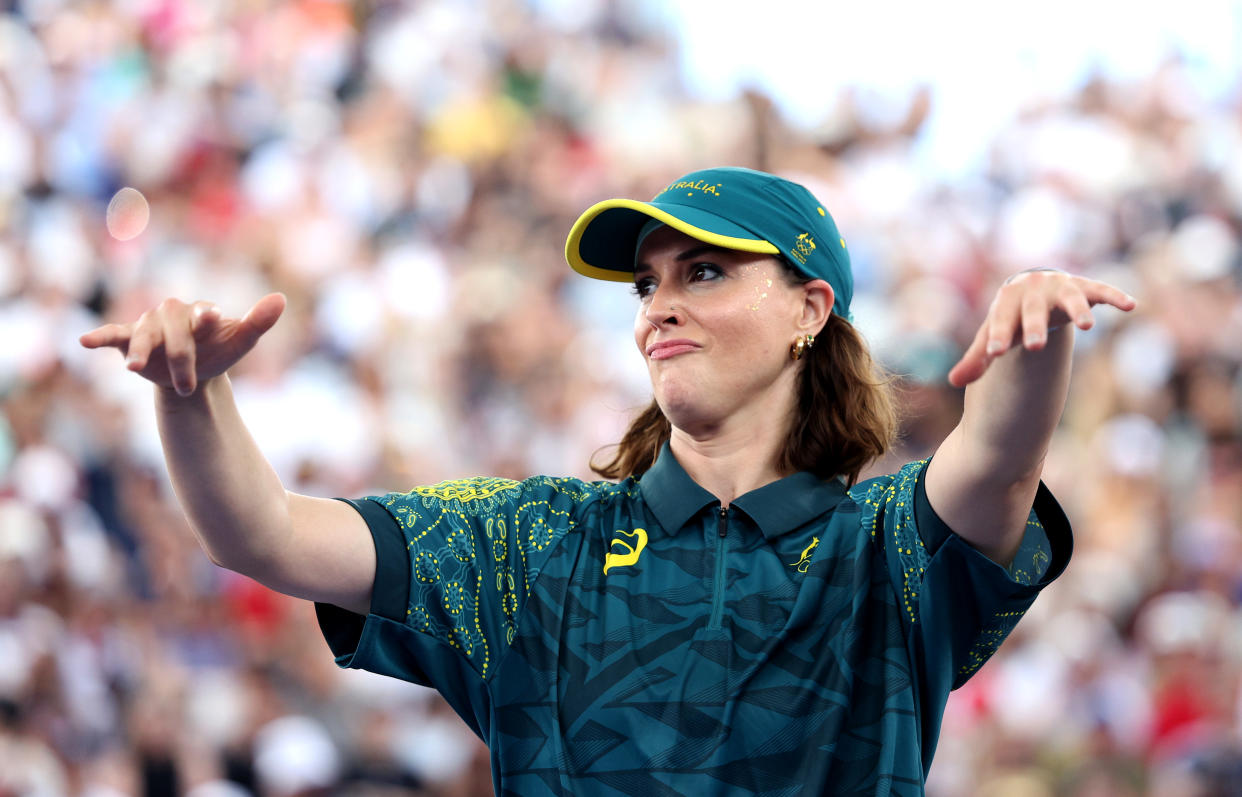 PARIS, FRANCE - AUGUST 09: B-Girl Raygun of Team Australia 
reacts during the B-Girls Round Robin - Group B on day fourteen of the Olympic Games Paris 2024 at Place de la Concorde on August 09, 2024 in Paris, France. (Photo by Elsa/Getty Images)