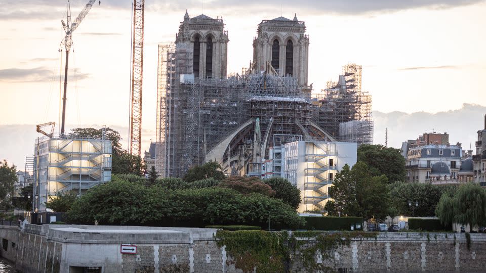 Reconstruction works of Notre-Dame cathedral as seen on July 5, 2023. - Telmo Pinto/NurPhoto/Getty Images