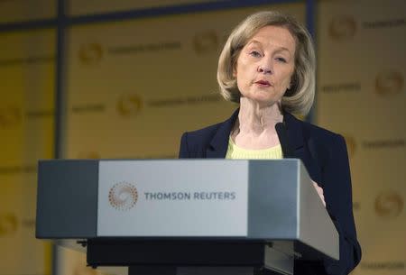 Daniele Nouy, chair of the Supervisory Board of the European Central Bank, speaks at a Thomson Reuters newsmaker event at Canary Wharf in London November 28, 2014. REUTERS/Neil Hall