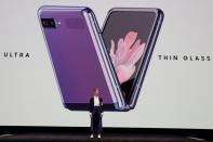 Rebecca Hirst of Samsung Electronics unveils the Z Flip foldable smartphone during Samsung Galaxy Unpacked 2020 in San Francisco