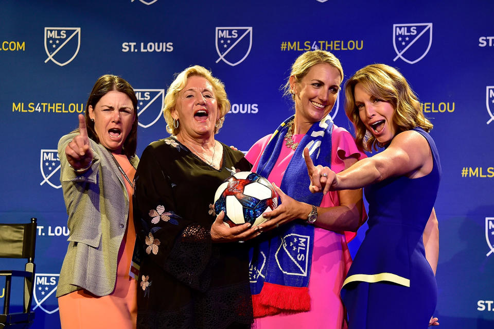 Aug 20, 2019; St. Louis, MO, USA; MLS expansion team female owners Patty Taylor and Joanne Kindle and Carolyn Kindle Betz and Chrissy Taylor pose for a photo after announcing a expansion team for St. Louis at The Palladium. Mandatory Credit: Jeff Curry-USA TODAY Sports