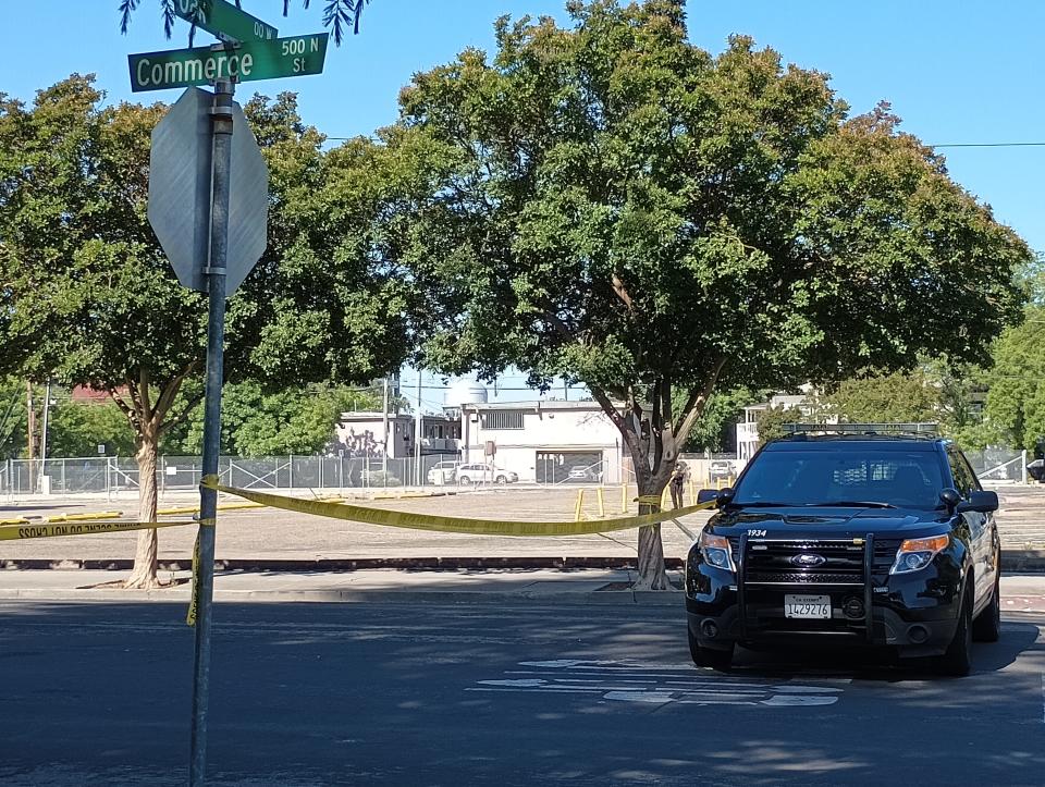 The aftermath of a crime scene behind the Stockton Civic Auditorium, where Stockton police say a man was fatally shot in the early hours of May 22, 2023.