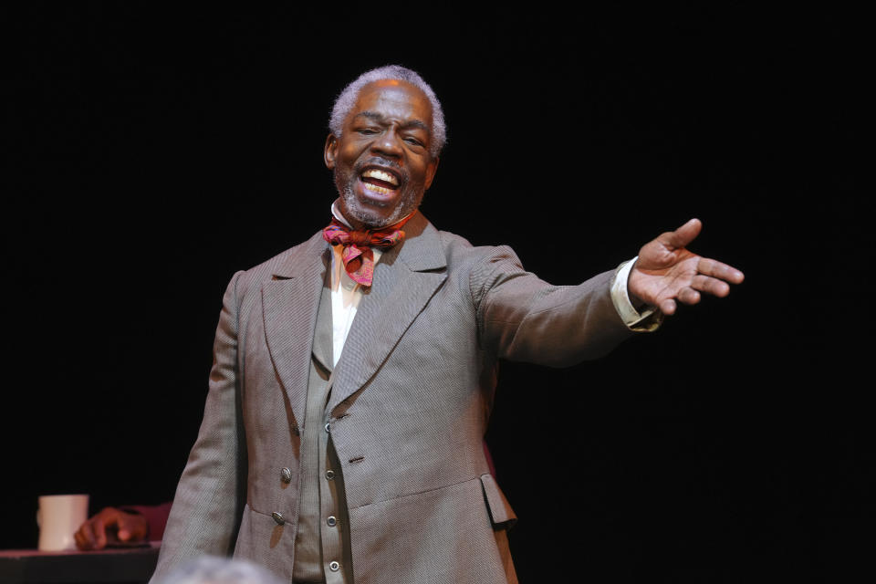 This image shows Leland Gantt as Dred Scott during a performance of "American Rot," playing through March 31 at the Ellen Stewart Theatre in New York. (Steven Pisano/Sam Rudy Public Relations via AP)