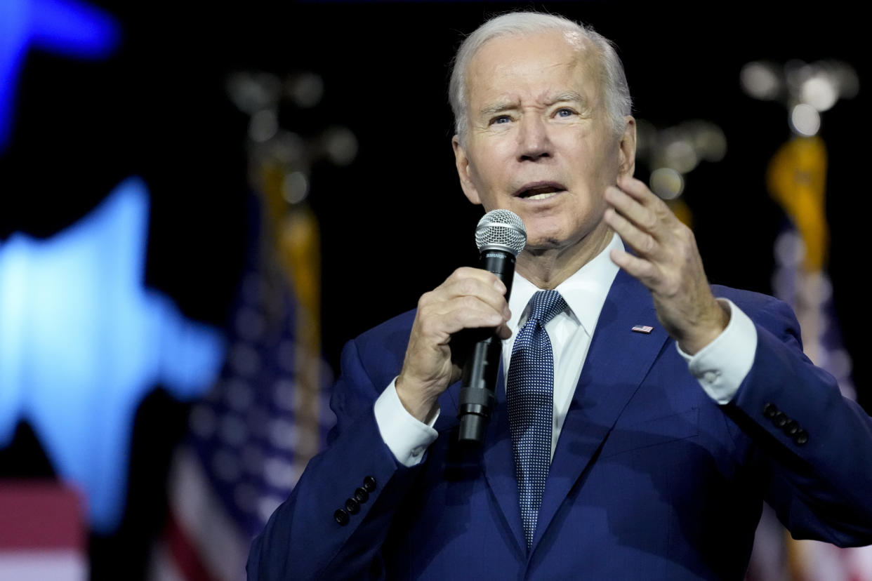 President Joe Biden speaks on the debt limit during an event at SUNY Westchester Community College, Wednesday, May 10, 2023, in Valhalla, N.Y. (AP Photo/John Minchillo)