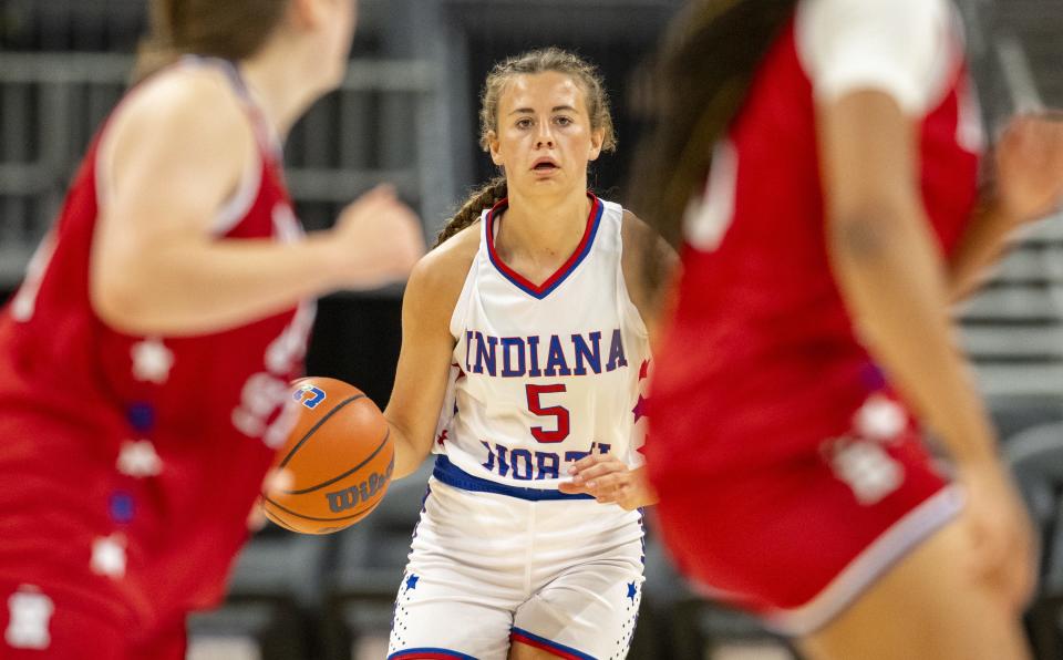 Addison Baxter (5) competes during the Indiana High School Future All-Stars basketball game on June 10, 2023.