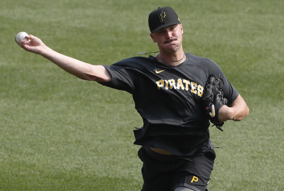 Paul Skenes, seen here in July playing catch before a Pirates game, made his spring training debut in dominant fashion on Thursday. (Charles LeClaire/Reuters)