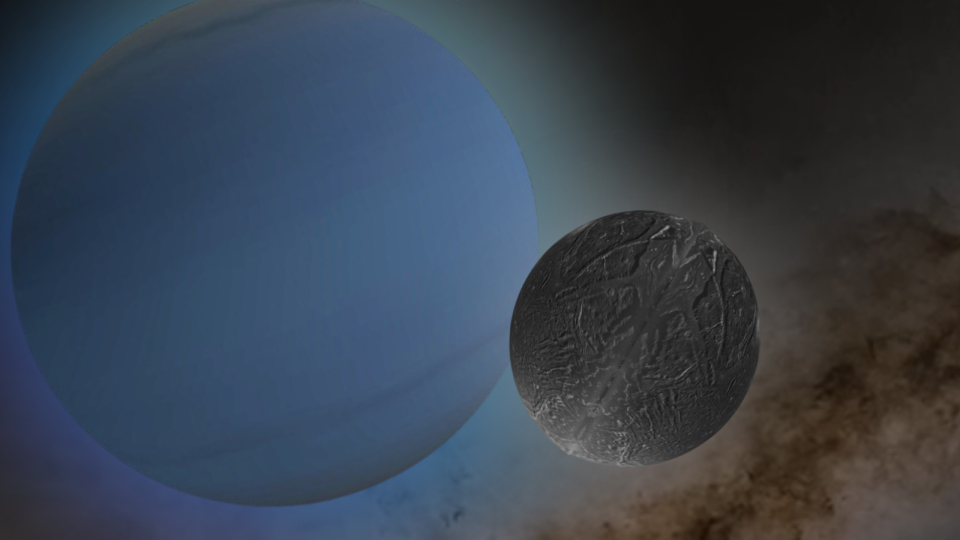  A large glowing blue sphere next to an overlapping smaller grey sphere with a craggy texture. 