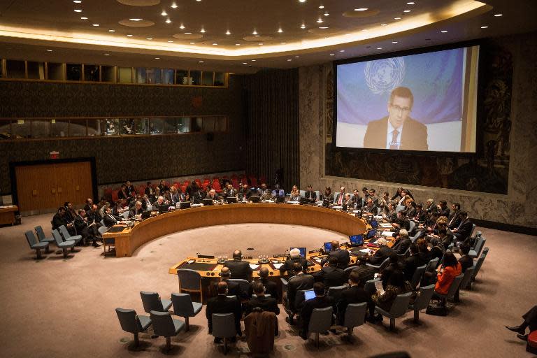 United Nations Special Representative and Head of the United Nations Support Mission in Libya, Bernardino Leon, speaks via video link to the UN Security Council, in New York, on February 18, 2015