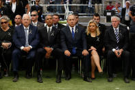 <p>Left to right: Israeli President Reuven Rivlin , President Barack Obama , Israeli Prime Minister Benjamin Netanyahu and his wife Sara , former US president Bill Clinton sit during the funeral of former Israeli President Shimon Peres on Mt. Herzl Cemetery in Jerusalem, Friday, Sept. 30, 2016. Peres died on 28 September at the age of 93. (Abir Sultan, Pool via AP) </p>