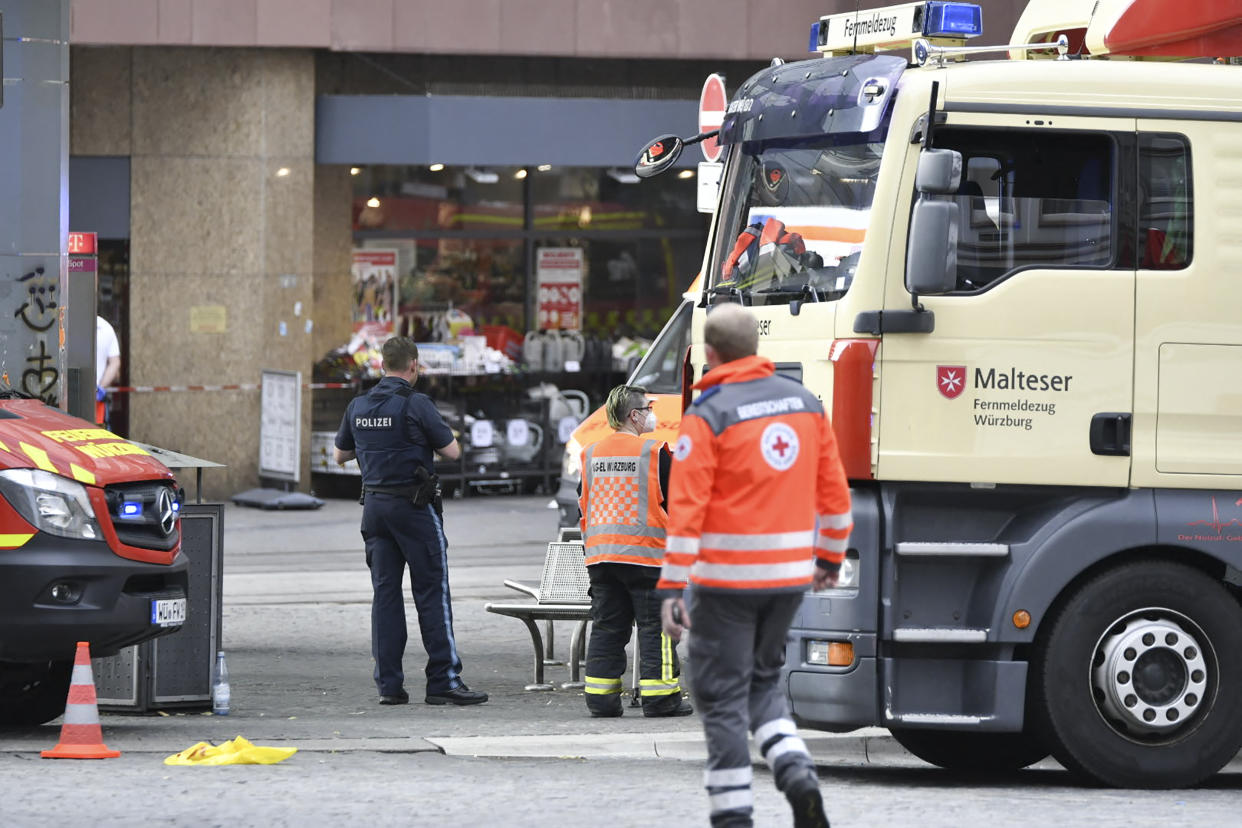 Emergency personnel is seen in the city center in Wuerzburg, southern Germany on June 25, 2021. - Several people were killed and others injured on Friday, June 25, 2021 in the southern German city of Wuerzburg, police said, with media reporting a knife attack. (Photo by BAUERNFEIND / NEWS5 / AFP) (Photo by BAUERNFEIND/NEWS5/AFP via Getty Images)