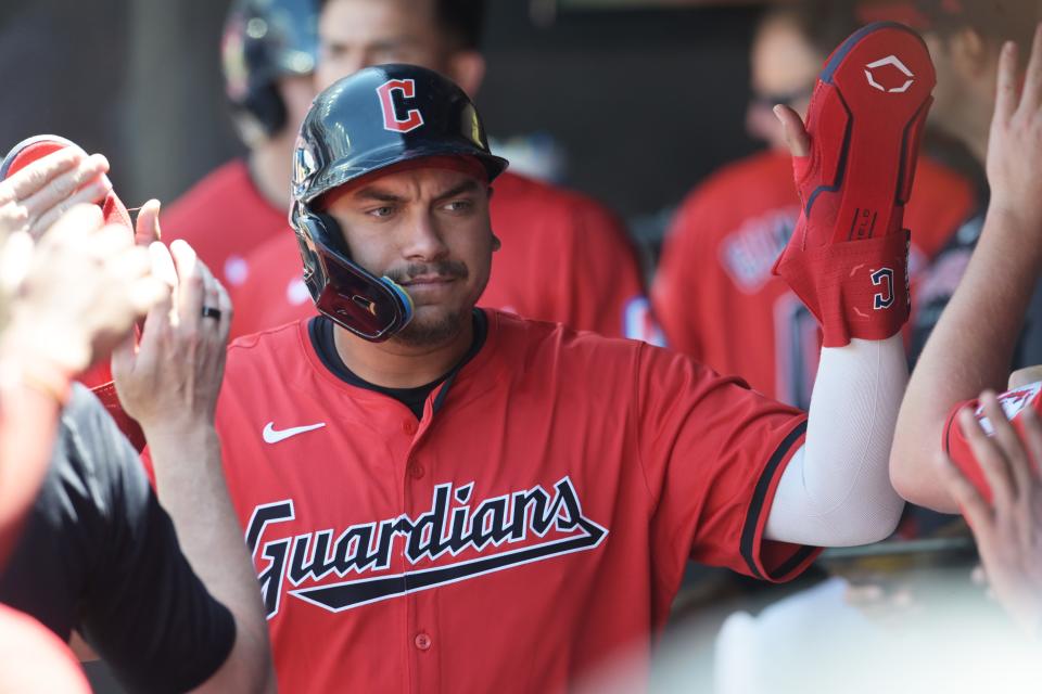 May 8, 2024; Cleveland, Ohio, USA; Cleveland Guardians first baseman Josh Naylor (22) celebrates after scoring during the second inning against the Detroit Tigers at Progressive Field. Mandatory Credit: Ken Blaze-USA TODAY Sports