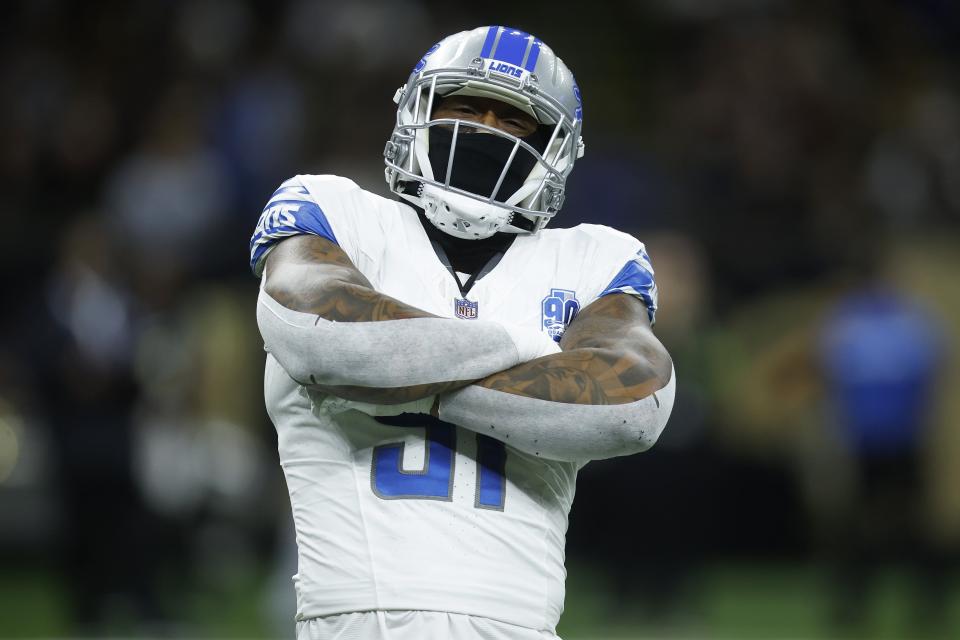 Lions defensive end Bruce Irvin celebrates during the first half on Sunday, Dec. 3, 2023, in New Orleans.