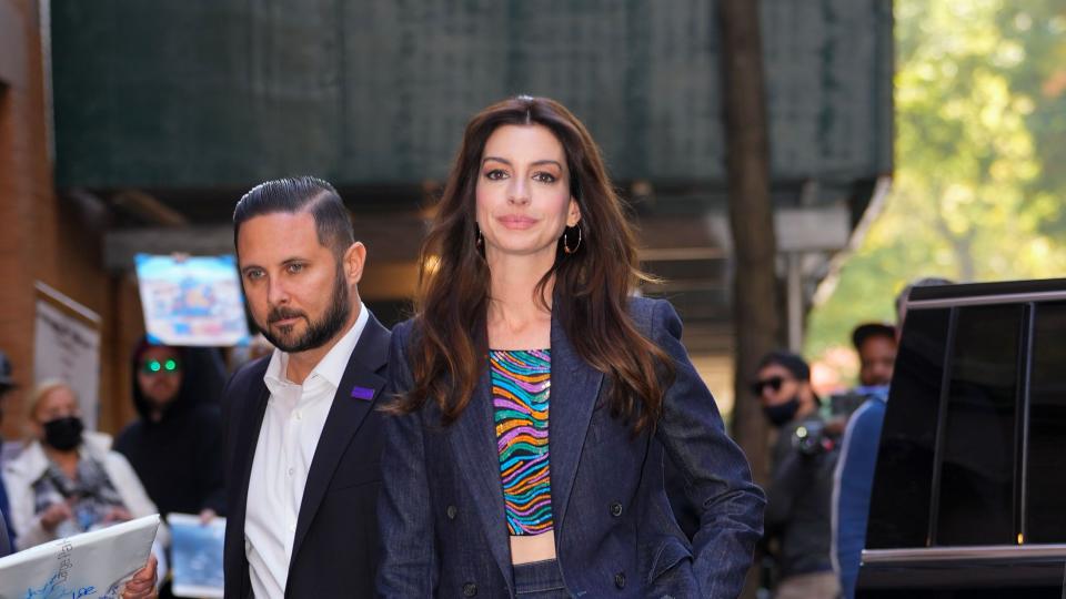 new york, new york october 12 anne hathaway departs the view on october 12, 2022 in new york city photo by gothamgc images