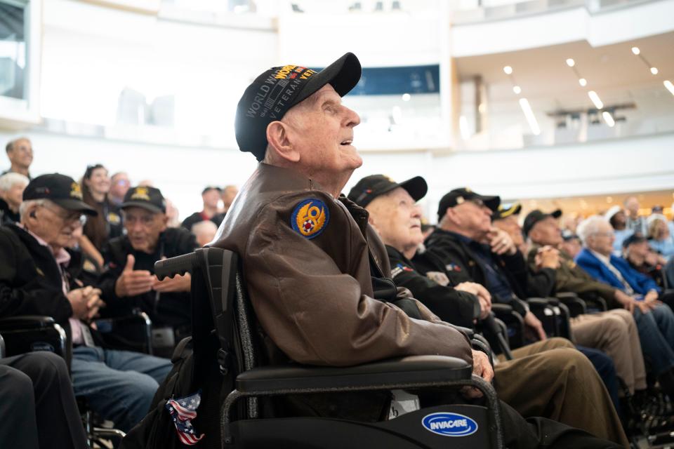 Robert Pedigo gathers with more than 60 other veterans of World War II  at the headquarters of American Airlines in Fort Worth, Texas, on May 31, 2024.