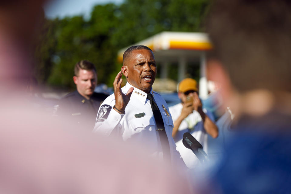 Charlotte-Mecklenburg Police Chief Johnny Jennings speaks at a press conference regarding an event where several officers on a task force trying to serve a warrant were shot in Charlotte, N.C., Monday, April 29, 2024. (AP Photo/Nell Redmond)