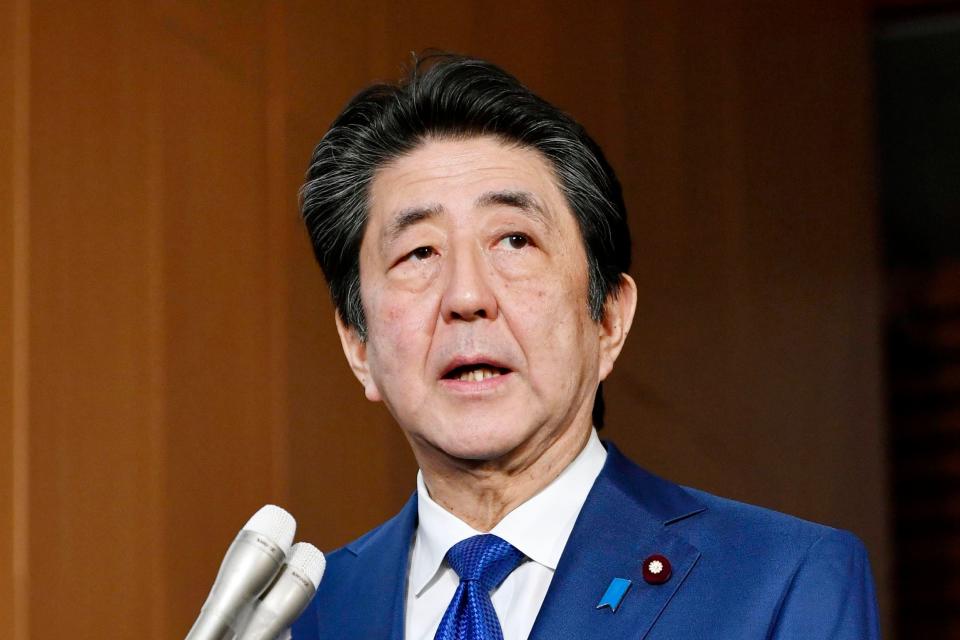 Japan's Prime Minister Shinzo Abe speaks to media about the projectiles that North Korea launched on Nov. 28, 2019, in Tokyo.
