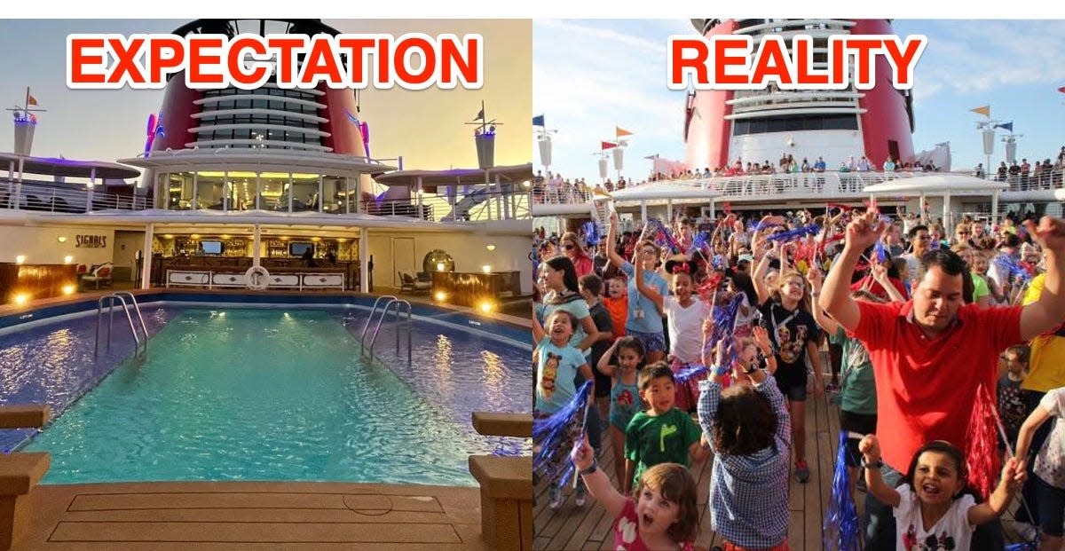 expectation versus reality on disney cruise deck (empty on left and crowded on right)
