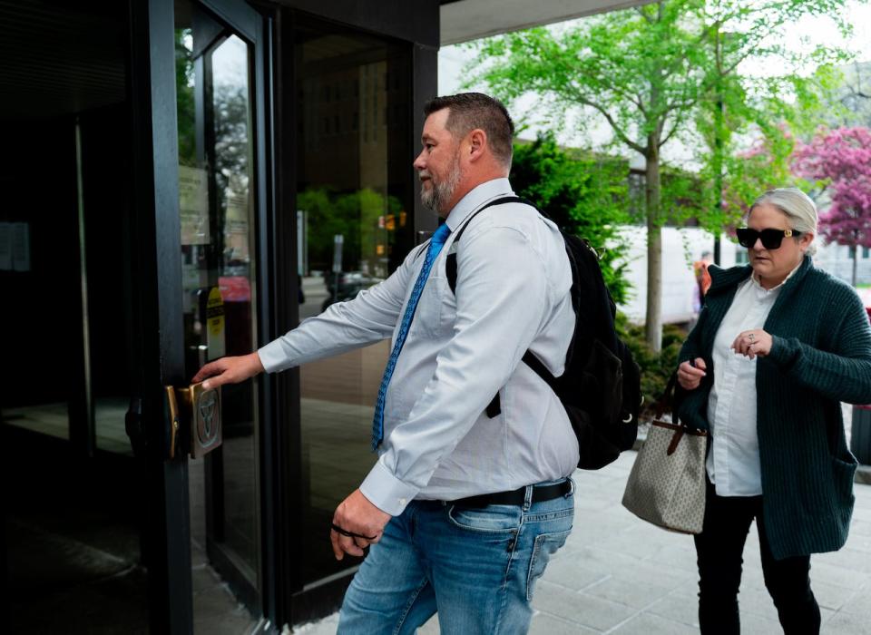 "Freedom Convoy" organizer Pat King arrives for his trial at the courthouse in Ottawa, on Thursday, May 16, 2024. THE CANADIAN PRESS/Spencer Colby