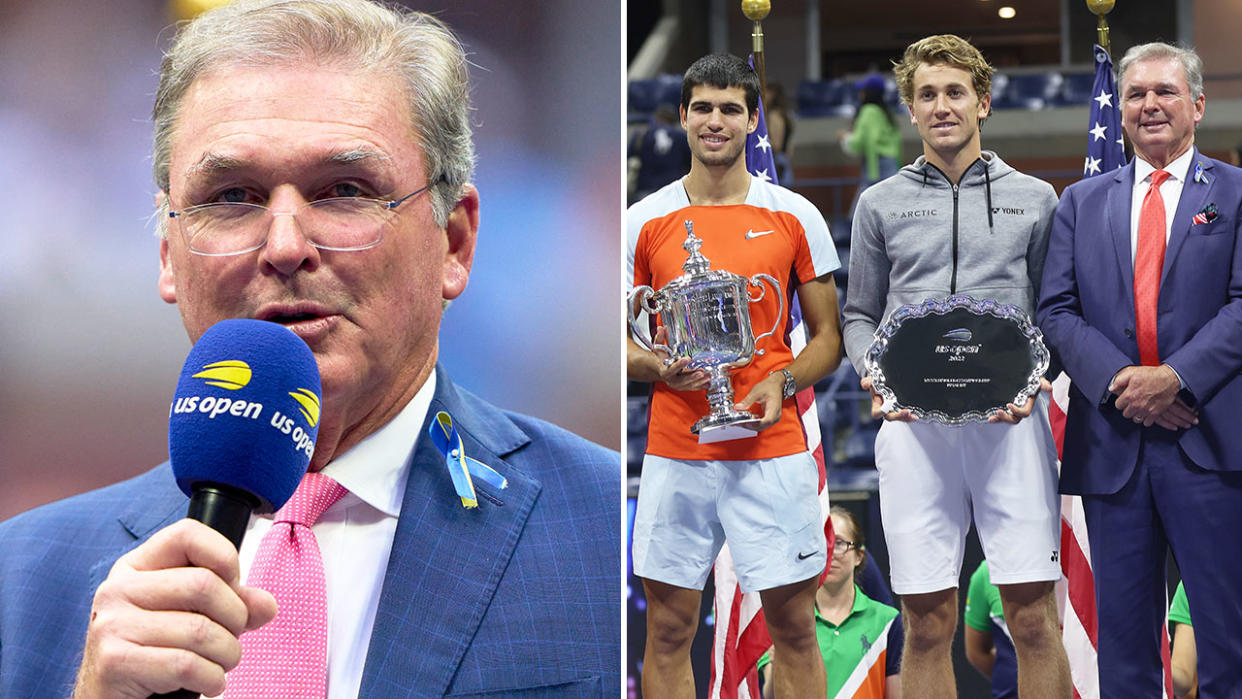 Pictured left and far right is USTA president Michael McNulty after the men's US Open final.