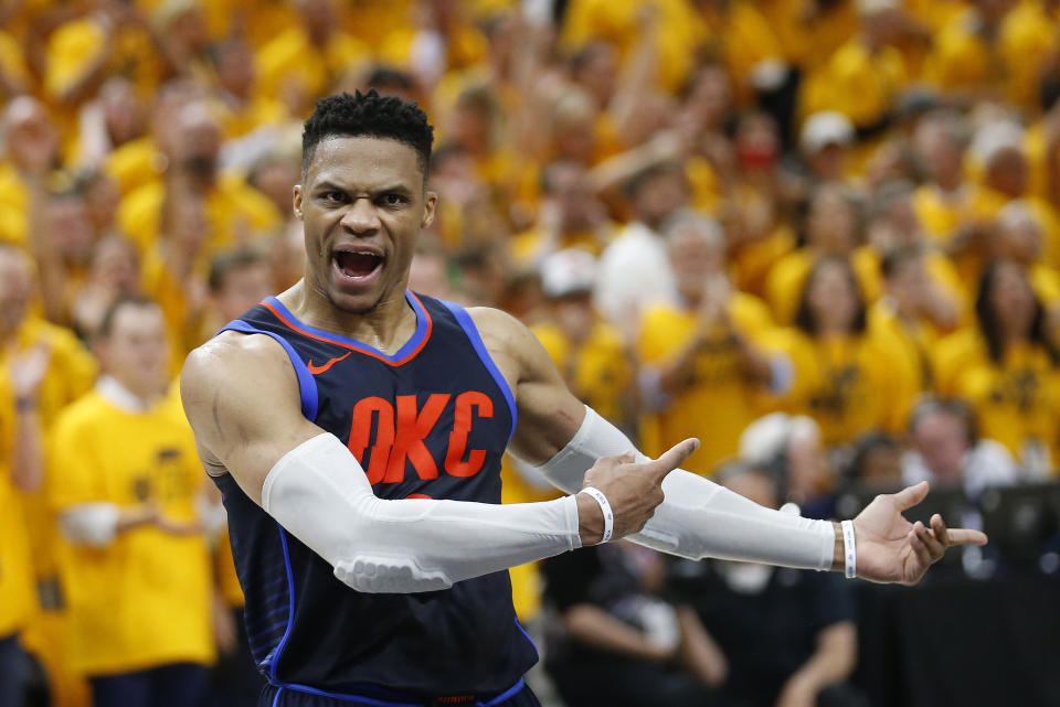 Russell Westbrook saw his season come to an excruciating end on Friday and lashed out at confrontational Jazz fans in the process. (AP)