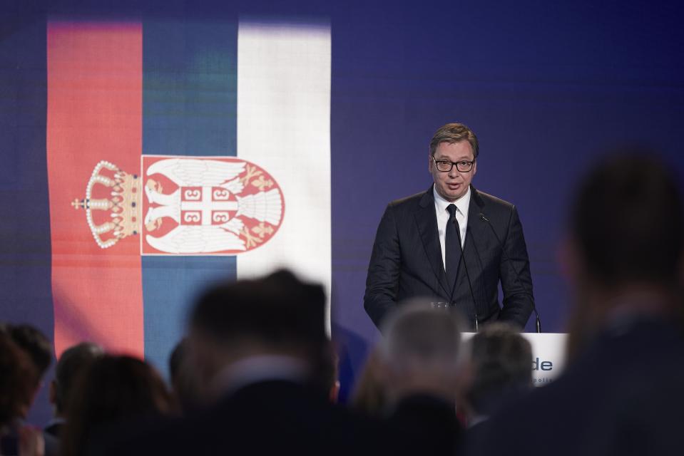 Serbian President Aleksandar Vucic speaks during a ceremony at the port of Alexandroupolis, northern Greece, Tuesday, May 3, 2022. Top European Union official Charles Michel is joining the leaders of four Balkan countries on a tour of liquefied natural gas facilities being built in northern Greece to challenge Russia's energy dominance in the region. (Dimitris Papamitsos/Greek Prime Minister's Office via AP)