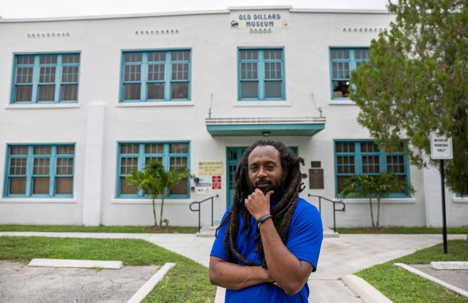 Emmanuel George, the curator of the Old Dillard Museum, is photographed outside of the historic building in the Sistrunk neighborhood on Wednesday, July 10, 2024, in Fort Lauderdale, Florida.