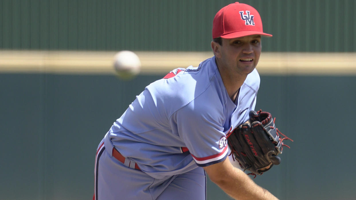 FAYETTEVILLE, AR - JUNE 10: Ole Miss Rebels pitcher Gunnar Hoglund (17) delivers a pitch during Game 3 of the NCAA Super Regional baseball game between the Arkansas Razorbacks and Ole Miss Rebels on June 10, 2019 at Baum Stadium in Fayetteville, AR. (Photo by Andy Altenburger/Icon Sportswire via Getty Images)