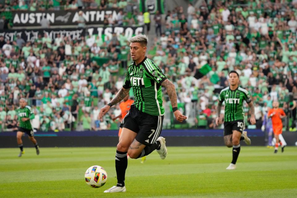 Midfielder Emiliano Rigoni controls the ball for Austin FC in a game this month. The fourth-year team is the youngest on Sportico's list of the 50 most valuable soccer franchises in the world.