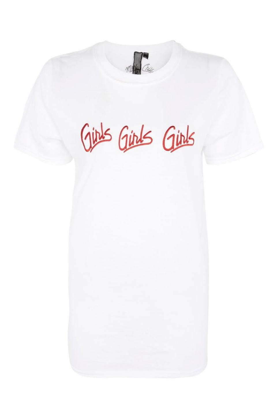 <p>Girls Girls Girls T-Shirt by And Finally. Available at <a rel="nofollow noopener" href="http://www.topshop.com/en/tsuk/product/girls-girls-girls-t-shirt-by-and-finally-6491263?geoip=noredirect&cmpid=ppc_pla_UK_ip&utm_medium=cpc&tsrc=vdna&istCompanyId=38aa0d7f-6514-4cb3-bbdc-df0d32d48b7f&istItemId=xrmawrrrpl&istBid=tztx&gclid=EAIaIQobChMIxvSxyvi61QIVlBaPCh0SEgYCEAQYBSABEgLONPD_BwE&gclsrc=aw.ds" target="_blank" data-ylk="slk:Topshop - £25;elm:context_link;itc:0;sec:content-canvas" class="link ">Topshop - £25</a></p>