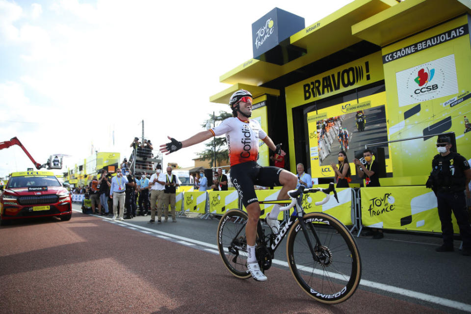 BELLEVILLEENBEAUJOLAIS FRANCE  JULY 13 Ion Izagirre of Spain and Team Cofidis celebrates at finish line as stage winner during the stage twelve of the 110th Tour de France 2023 a 1688km stage from Roanne to Belleville en Beaujolais  UCIWT  on July 13 2023 in Belleville en Beaujolais France Photo by Michael SteeleGetty Images