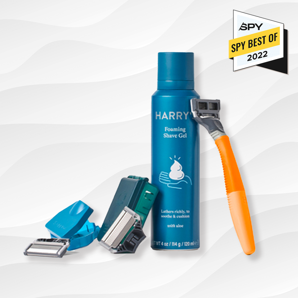 the harry's shaving start kit items against a white wavy background