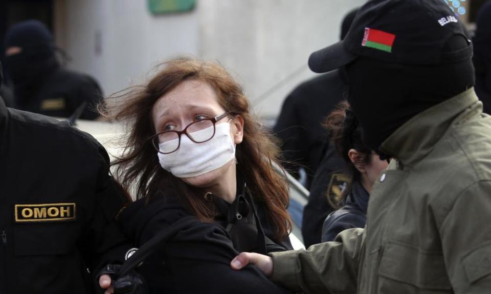 A protester is detained in Minsk at the weekend.