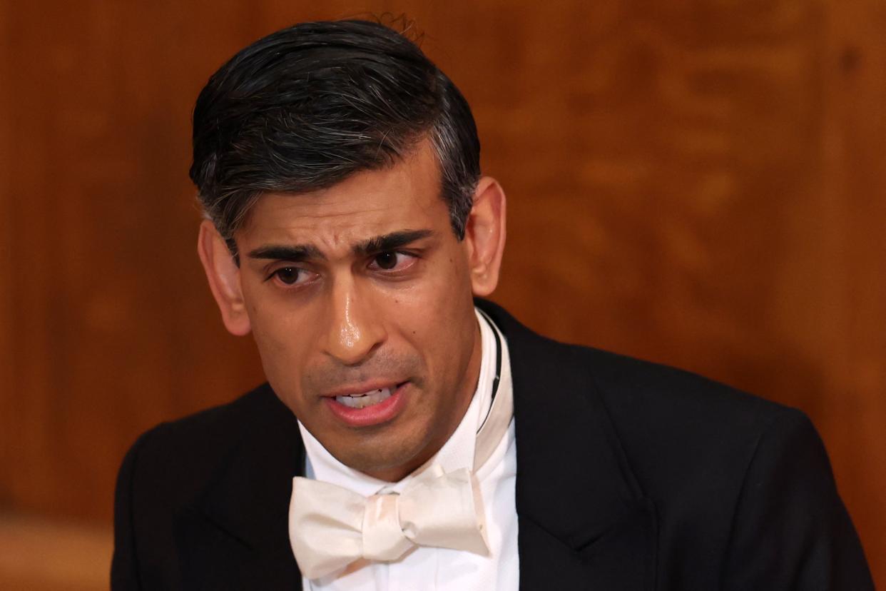 Britain's Prime Minister Rishi Sunak delivers a speech during the Lord Mayor's Banquet at Guildhall in central London on November 13, 2023. The Lord Mayor's Banquet is held in honour of the outgoing Lord Mayor and is hosted by his successor the new Lord Mayor of the City of London. Traditionally, the prime minister makes a major world affairs speech at the event. (Photo by Daniel LEAL / AFP) (Photo by DANIEL LEAL/AFP via Getty Images)