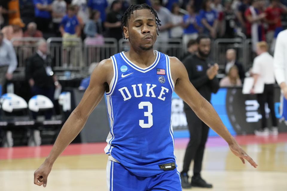 Duke guard Jeremy Roach (3) reacts as he leaves the court after his team lost to Tennessee during a second-round college basketball game in the NCAA Tournament Saturday, March 18, 2023, in Orlando, Fla. (AP Photo/Chris O'Meara)