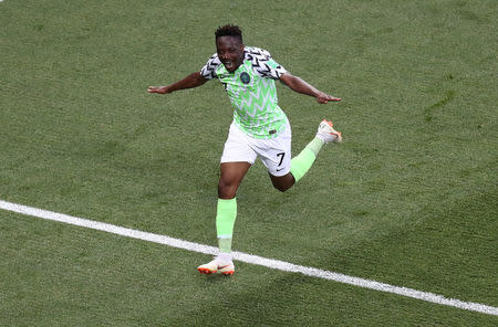 Soccer Football - World Cup - Group D - Nigeria vs Iceland - Volgograd Arena, Volgograd, Russia - June 22, 2018 Nigeria's Ahmed Musa celebrates scoring their second goal REUTERS/Sergio Perez